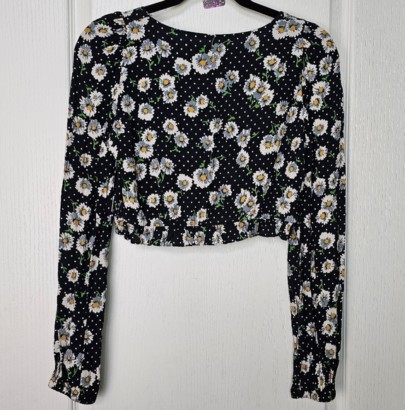 Zara Women's Black Floral Daisy Print Long Sleeve Square Neck Crop Top, SMALL - Picture 7 of 8